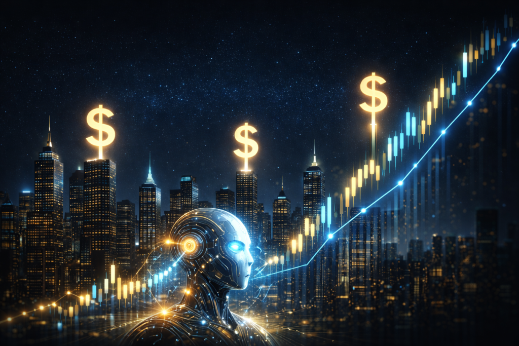 AI robot with glowing blue eyes analyzing financial markets with rising stock chart candlesticks and dollar signs over a futuristic city skyline at night