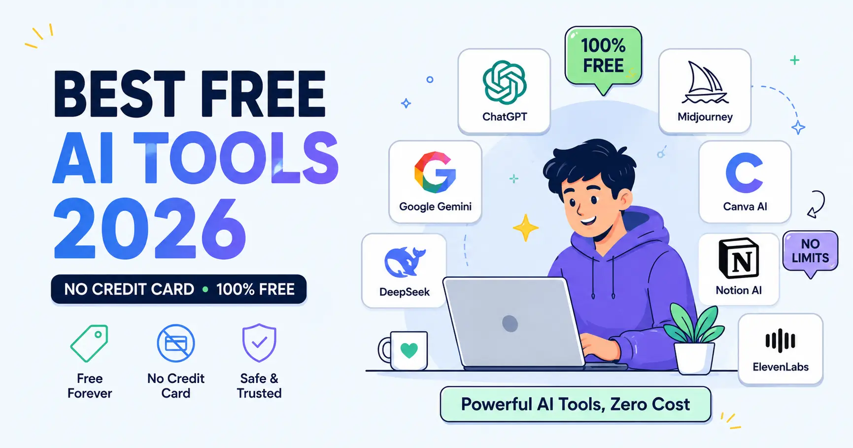 Best free AI tools 2026 roundup illustration for no credit card tools