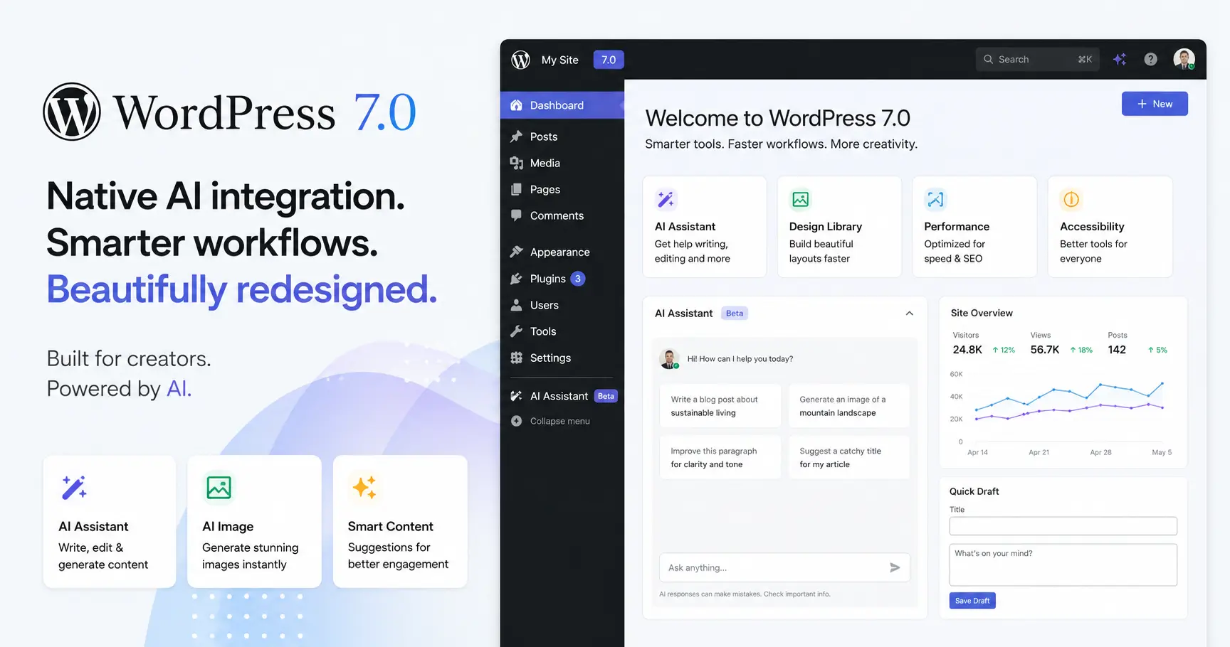 WordPress 7.0 native AI integration and admin redesign illustration